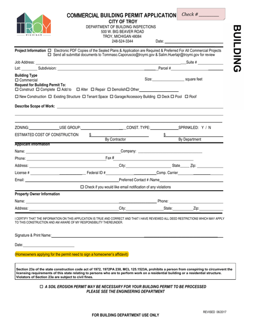 Commercial Building Permit Application - City of Troy, Michigan Download Pdf