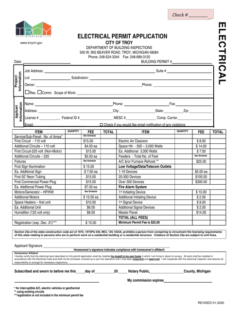 Electrical Permit Application - City of Troy, Michigan Download Pdf