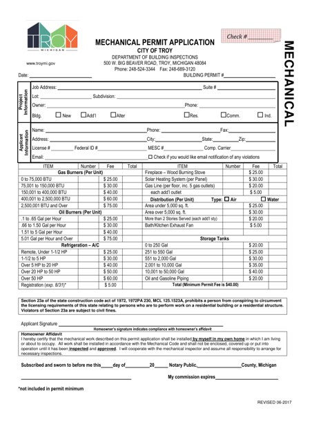 Mechanical Permit Application - City of Troy, Michigan Download Pdf