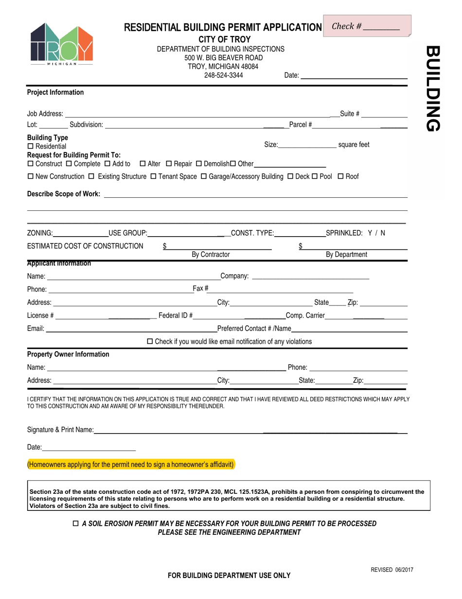 Residential Building Permit Application - City of Troy, Michigan, Page 1