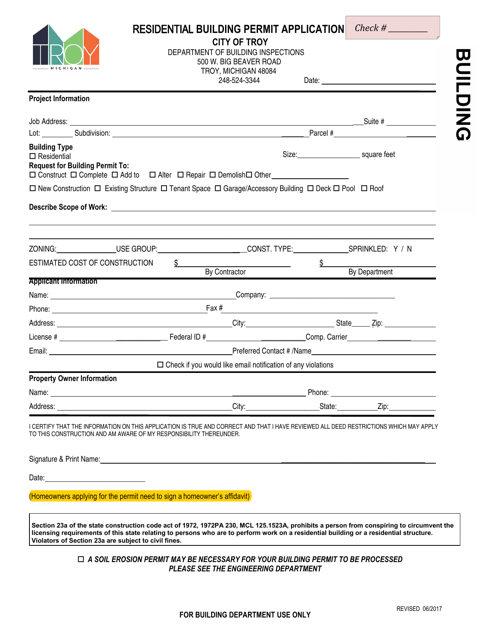 Residential Building Permit Application - City of Troy, Michigan Download Pdf