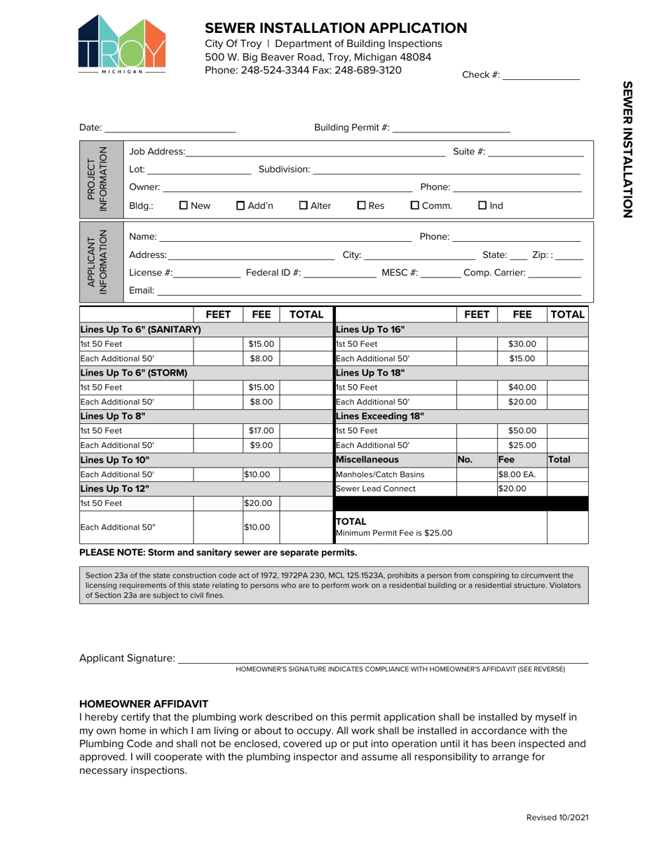 Sewer Installation Application - City of Troy, Michigan, Page 1