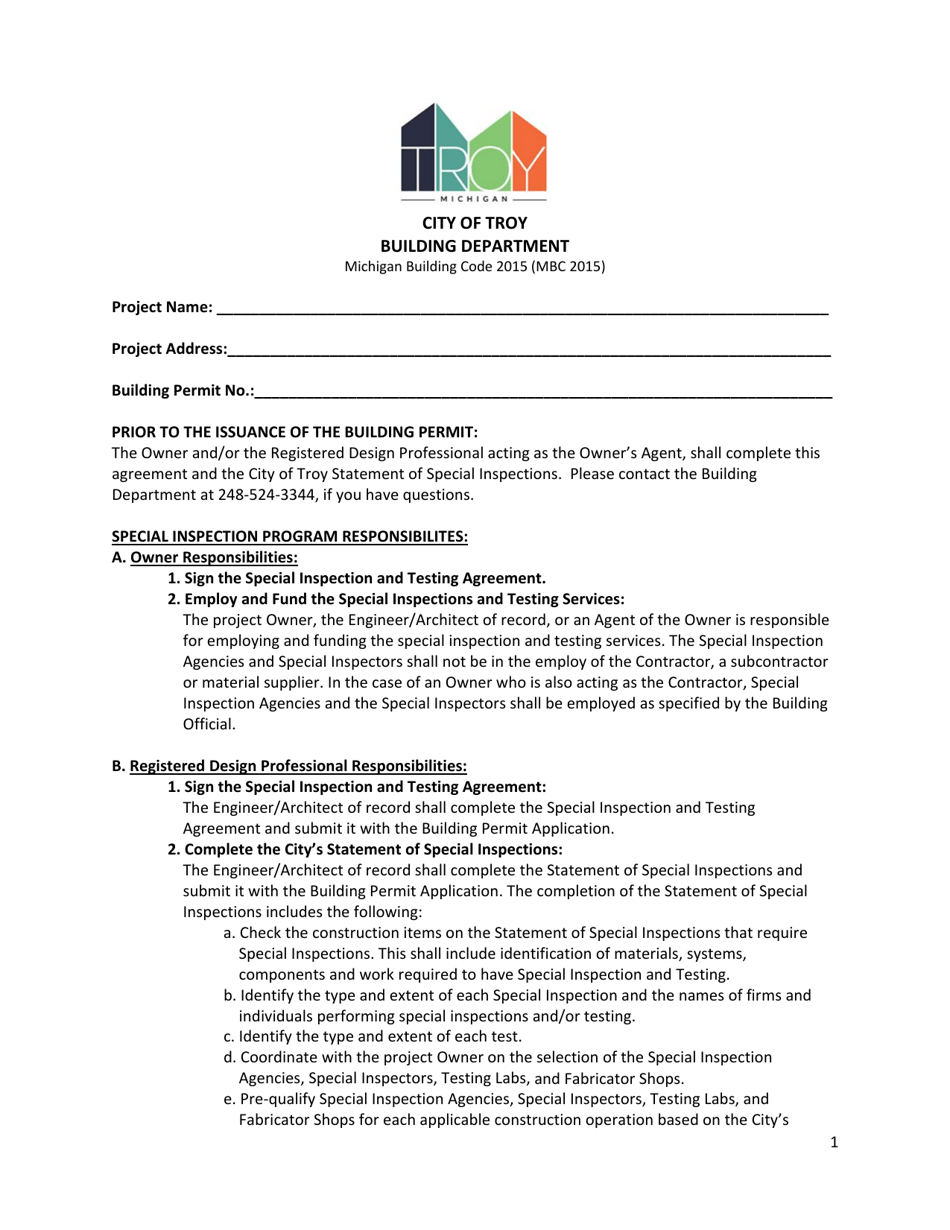 Special Inspection and Testing Agreement - City of Troy, Michigan, Page 1