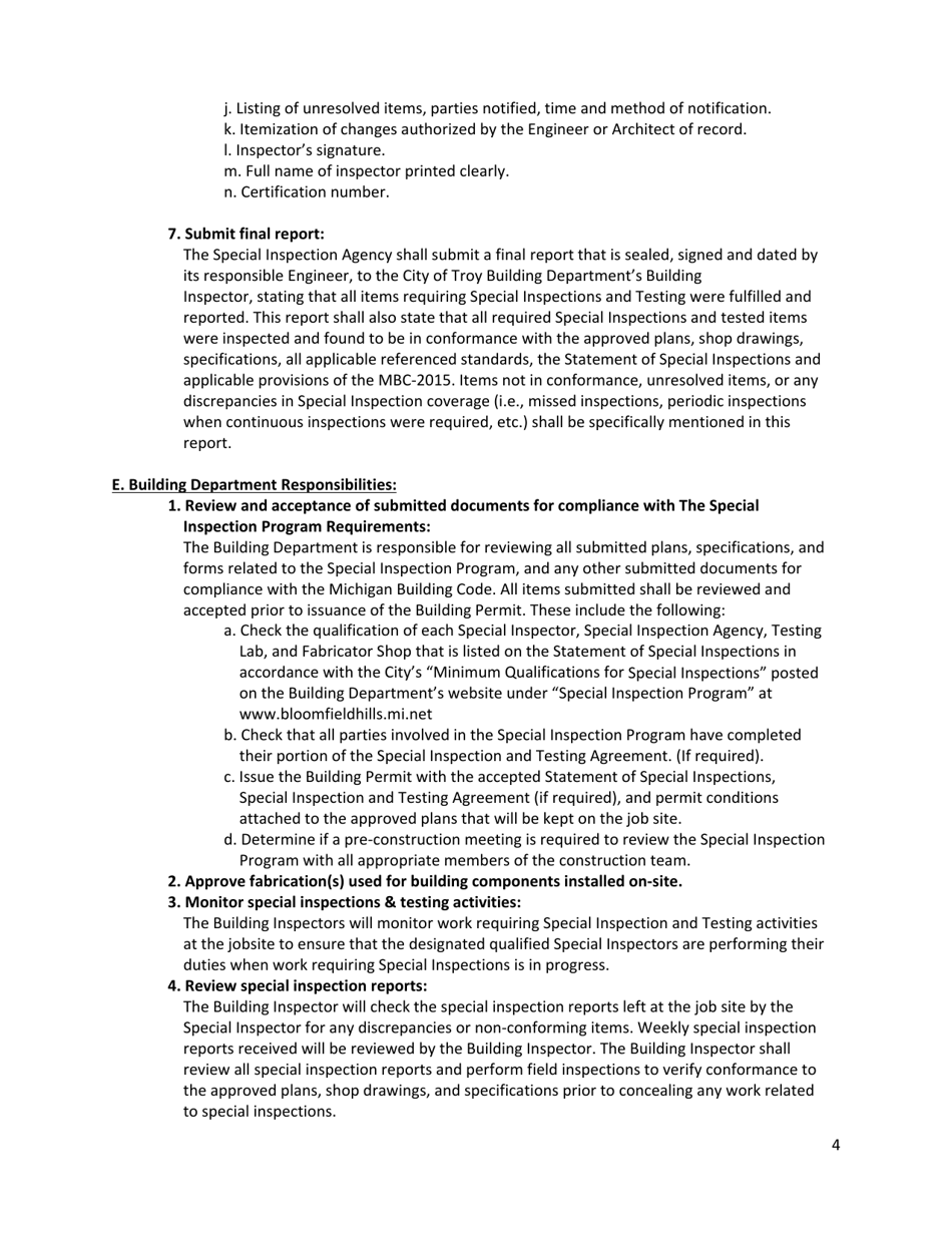 City of Troy, Michigan Special Inspection and Testing Agreement - Fill ...