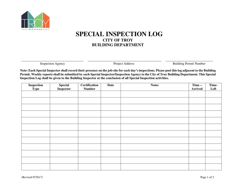 Special Inspection Log - City of Troy, Michigan