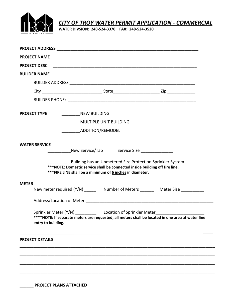 Water Permit Application - Commercial - City of Troy, Michigan, Page 1