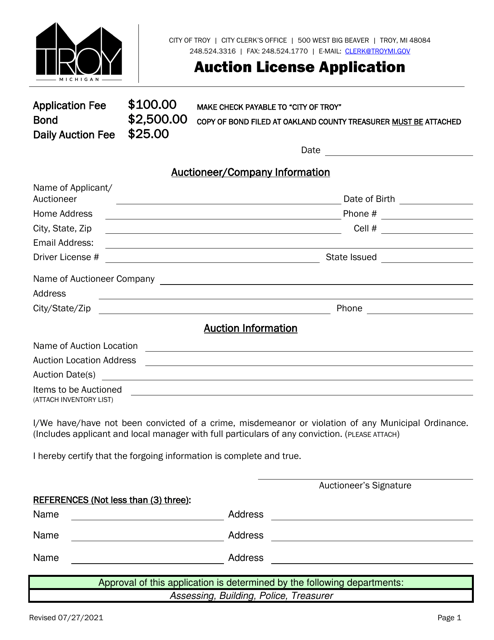 Auction License Application - City of Troy, Michigan Download Pdf