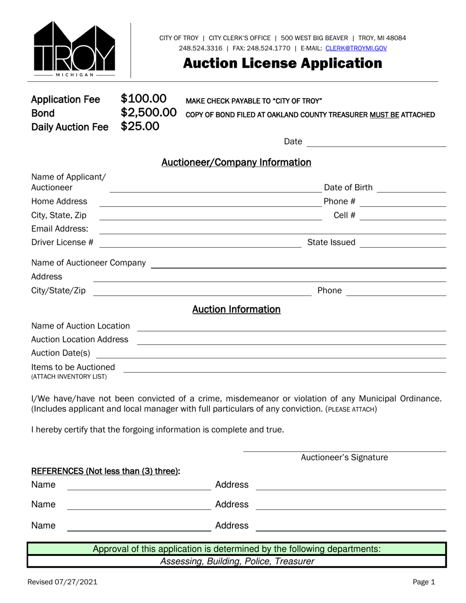 City of Troy, Michigan Auction License Application Fill Out, Sign