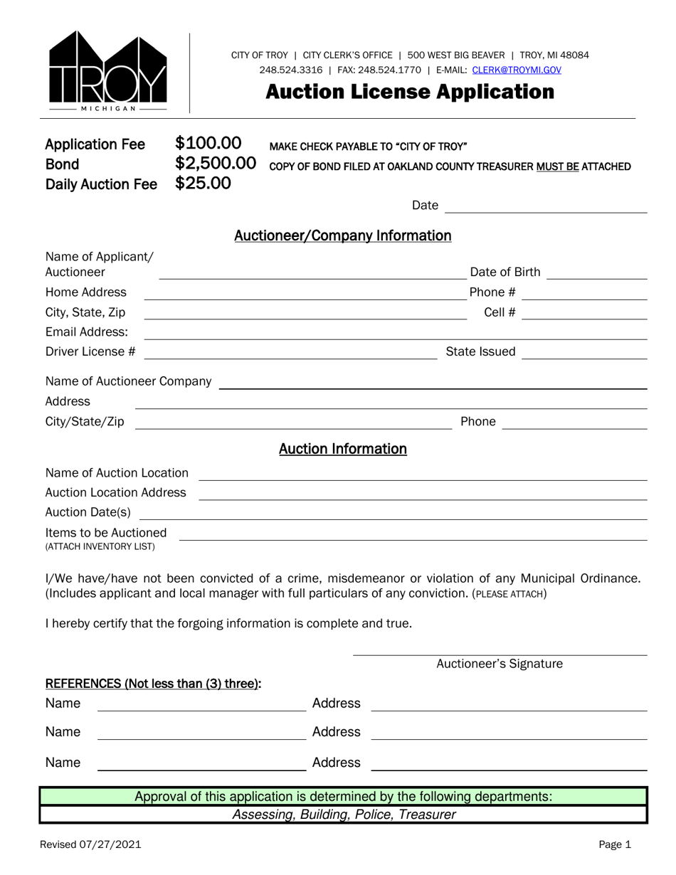 Auction License Application - City of Troy, Michigan, Page 1