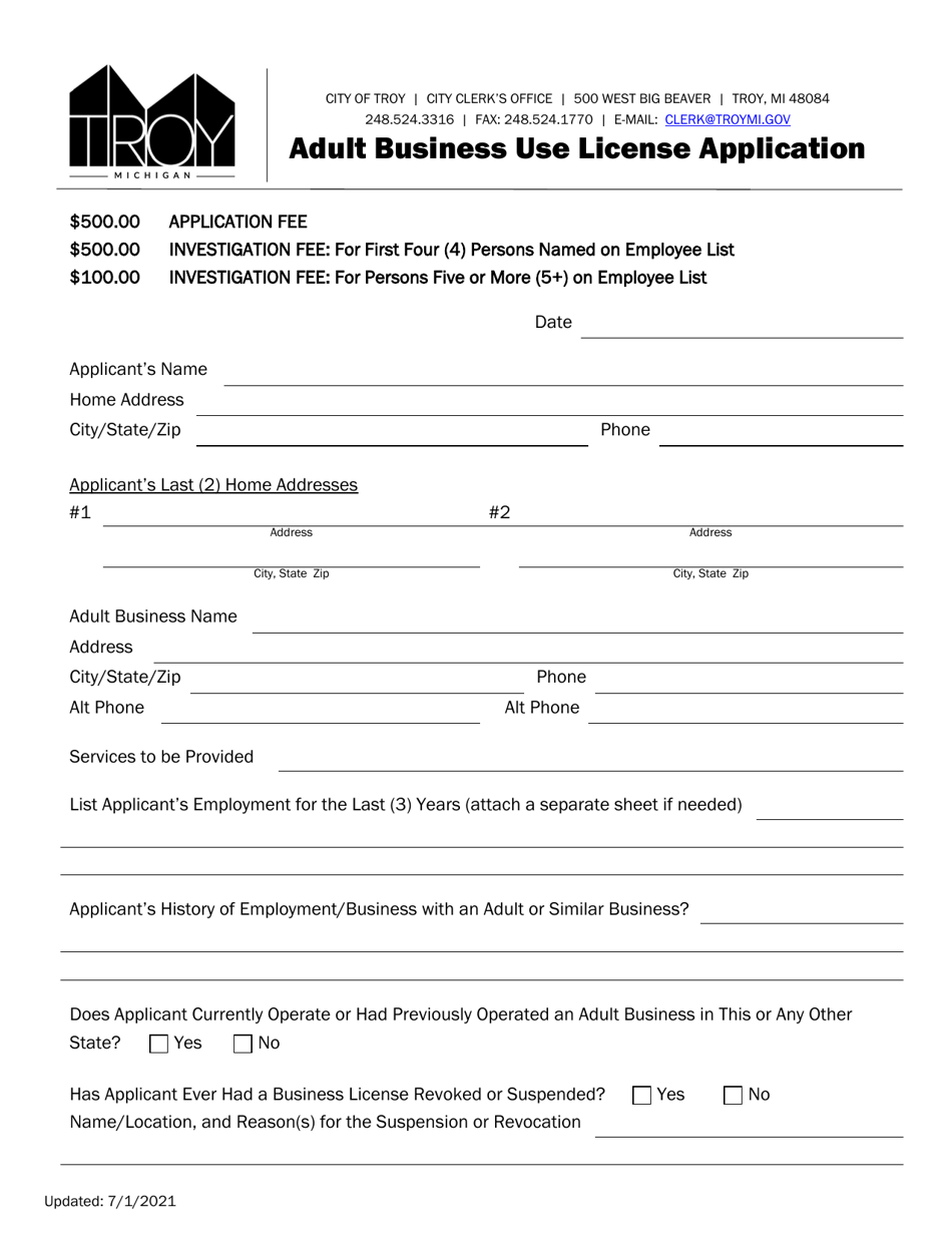 City of Troy, Michigan Adult Business Use License Application Download