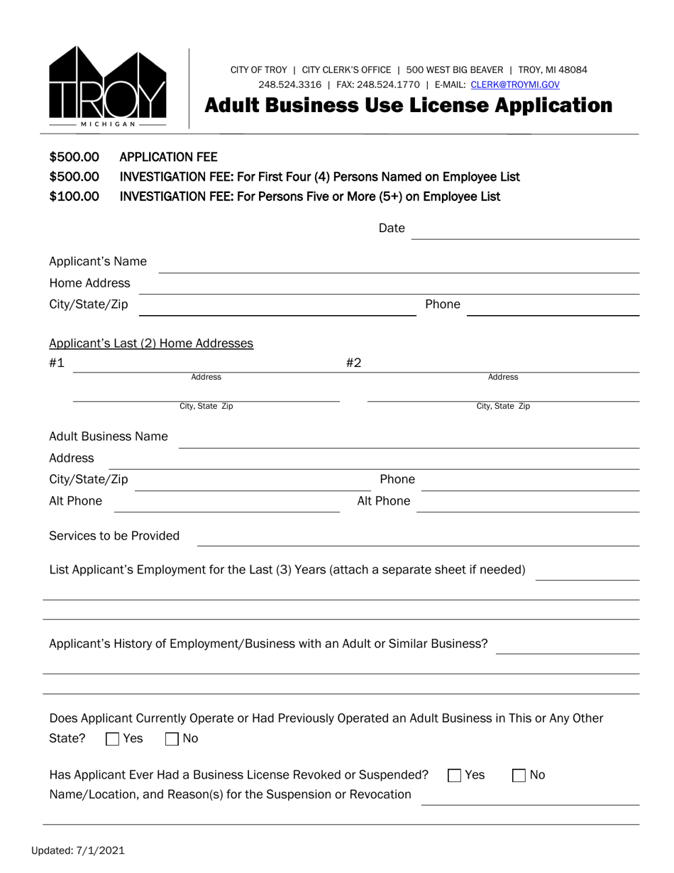Adult Business Use License Application - City of Troy, Michigan, Page 1