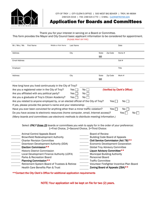 Application for Boards and Committees - City of Troy, Michigan Download Pdf