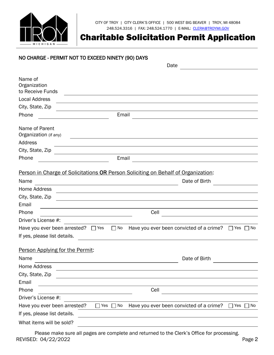 Charitable Solicitation Permit Application - City of Troy, Michigan, Page 2