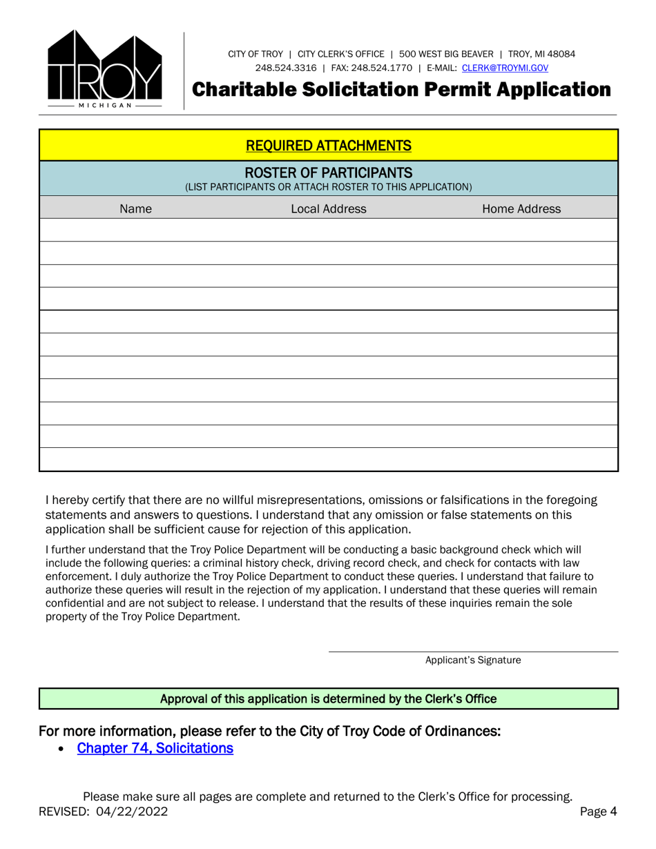 City Of Troy Michigan Charitable Solicitation Permit Application Download Fillable Pdf 3824
