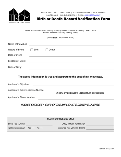 Birth or Death Record Verification Form - City of Troy, Michigan Download Pdf