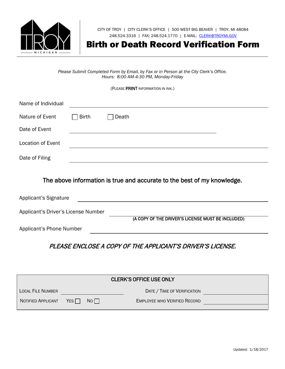 Birth or Death Record Verification Form - City of Troy, Michigan, Page 1