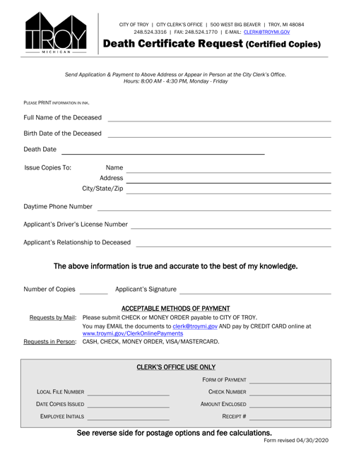 Death Certificate Request - City of Troy, Michigan Download Pdf