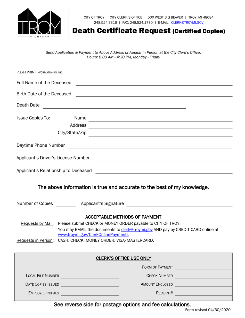 Death Certificate Request - City of Troy, Michigan, Page 1
