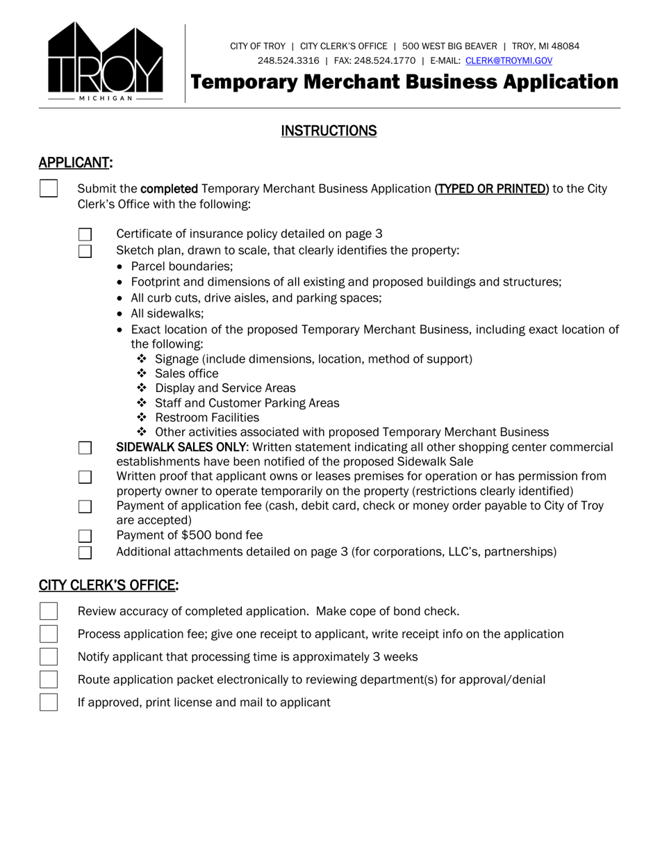 Temporary Merchant Business Application - City of Troy, Michigan, Page 1