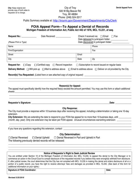Foia Appeal Form - to Appeal a Denial of Records - City of Troy, Michigan Download Pdf