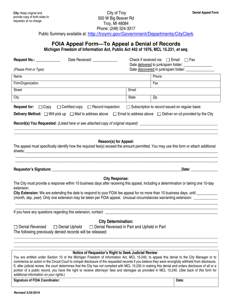 Foia Appeal Form - to Appeal a Denial of Records - City of Troy, Michigan, Page 1