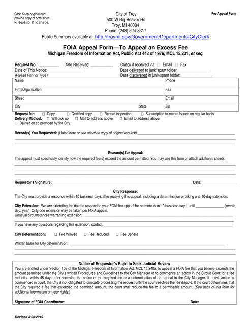 Foia Appeal Form - to Appeal an Excess Fee - City of Troy, Michigan