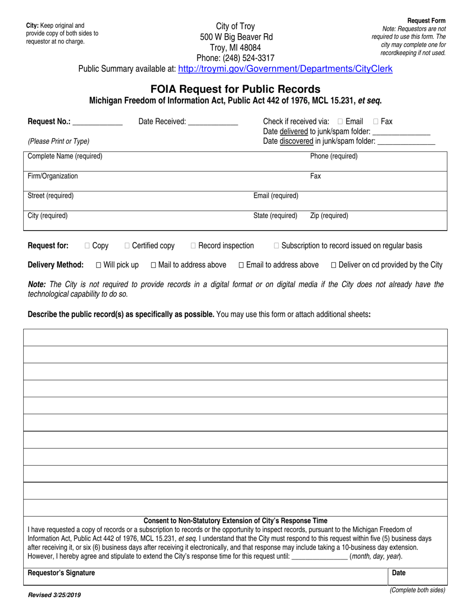 Foia Request for Public Records - City of Troy, Michigan, Page 1