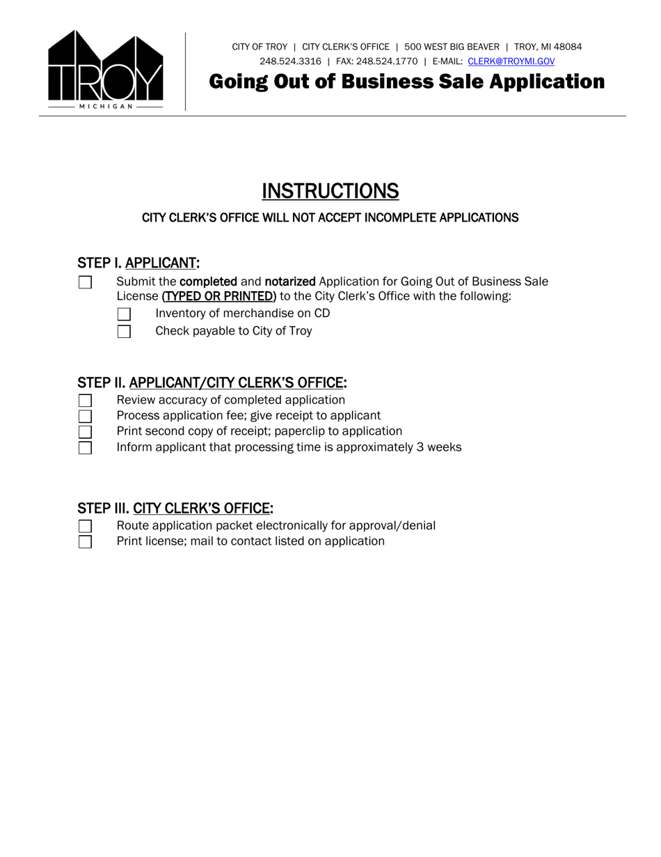 Going out of Business Sale Application - City of Troy, Michigan, Page 1