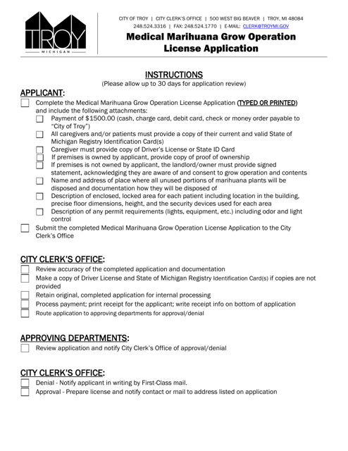 Medical Marihuana Grow Operation License Application - City of Troy, Michigan Download Pdf