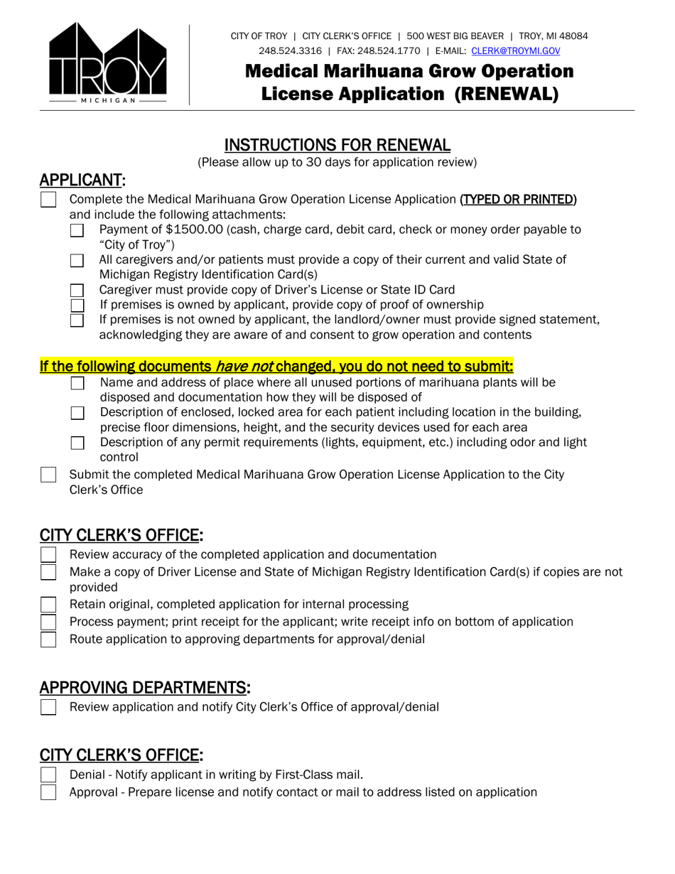 Medical Marihuana Grow Operation License Application (Renewal) - City of Troy, Michigan, Page 1
