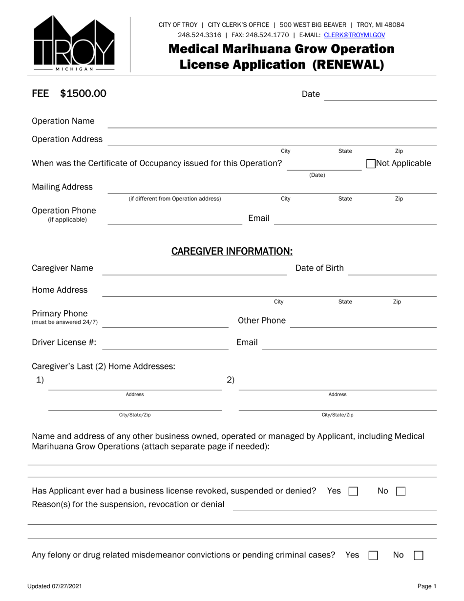 Medical Marihuana Grow Operation License Application (Renewal) - City of Troy, Michigan, Page 2