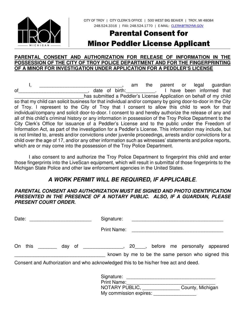Parental Consent for Minor Peddler License Applicant - City of Troy, Michigan, Page 1
