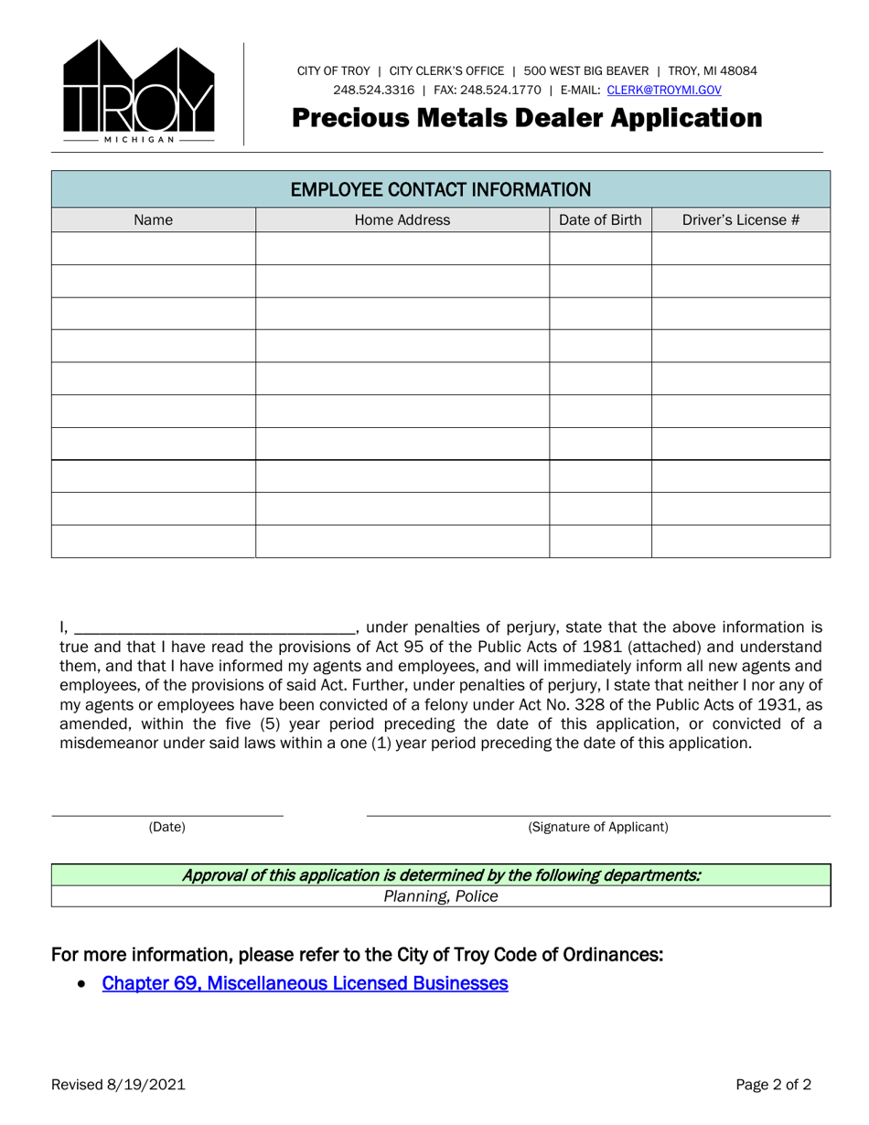 Precious Metals Dealer Application - City of Troy, Michigan, Page 3