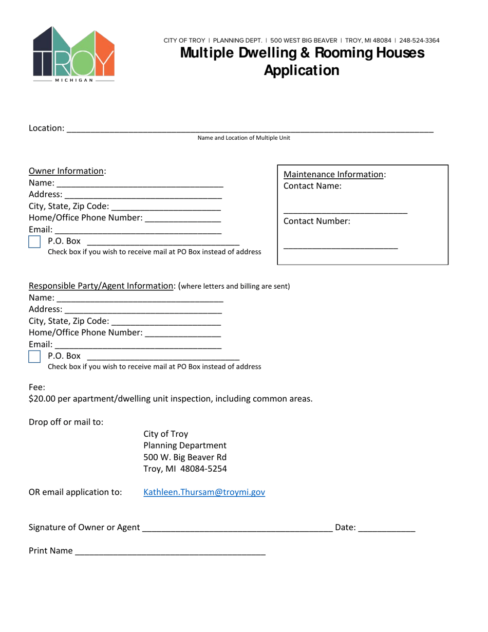 City of Troy, Michigan Multiple Dwelling & Rooming Houses Application