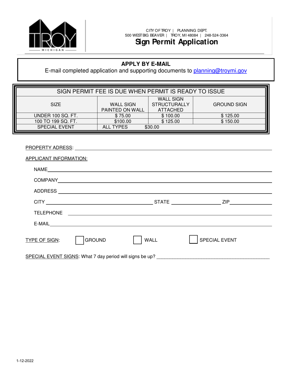 Sign Permit Application - City of Troy, Michigan, Page 1