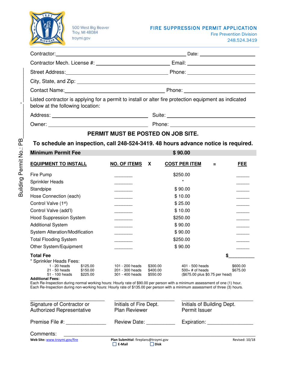 Fire Suppression Permit Application - City of Troy, Michigan, Page 1