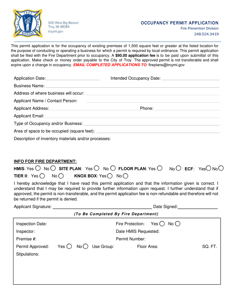 Occupancy Permit Application - Commercial - City of Troy, Michigan, Page 1