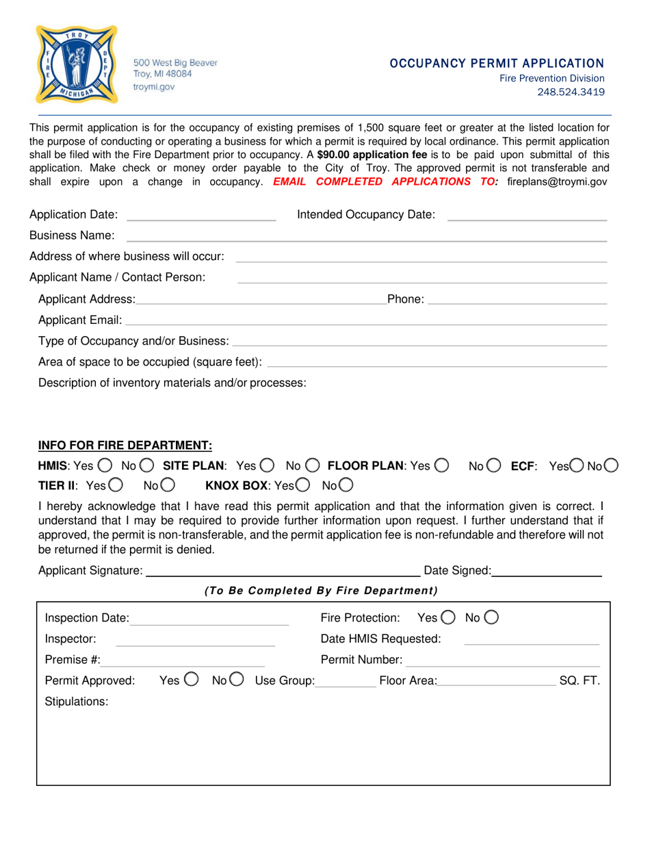 Occupancy Permit Application - Office Space  Retail Business - City of Troy, Michigan, Page 1