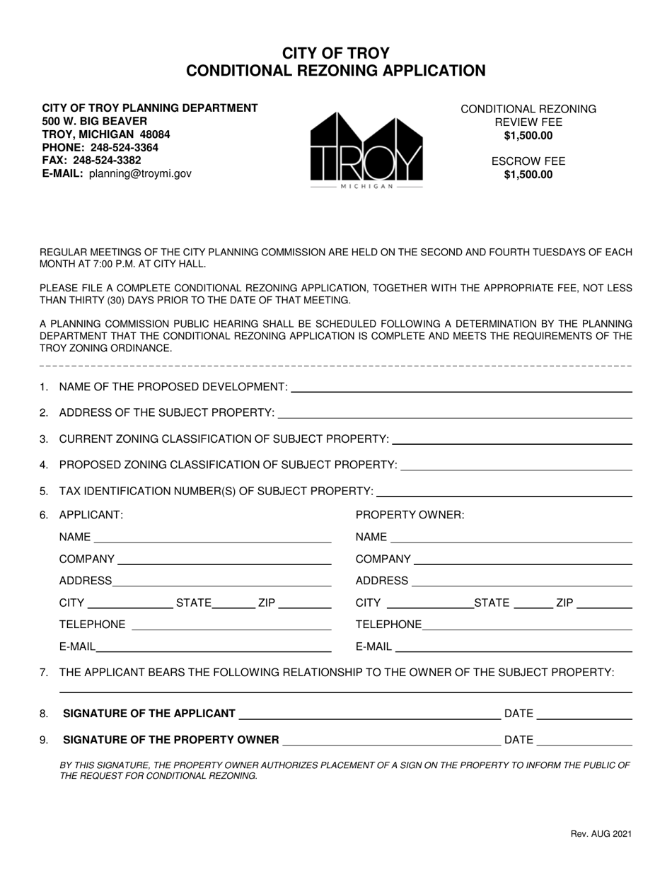 City of Troy, Michigan Conditional Rezoning Application Fill Out