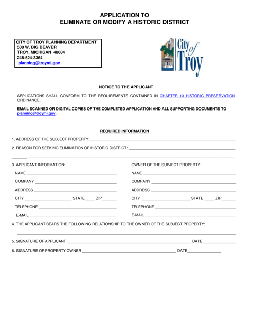 Application to Eliminate or Modify a Historic District - City of Troy, Michigan Download Pdf