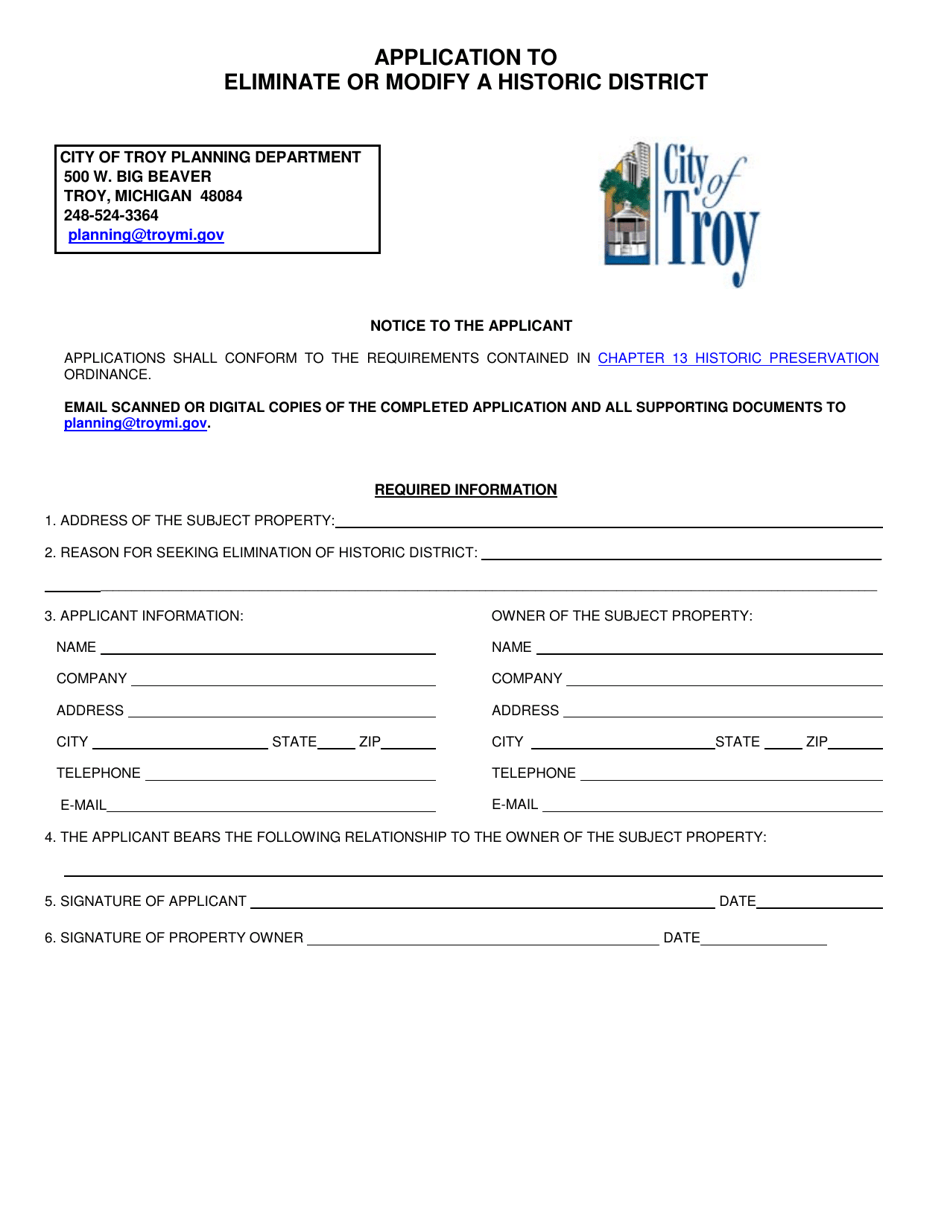 Application to Eliminate or Modify a Historic District - City of Troy, Michigan, Page 1