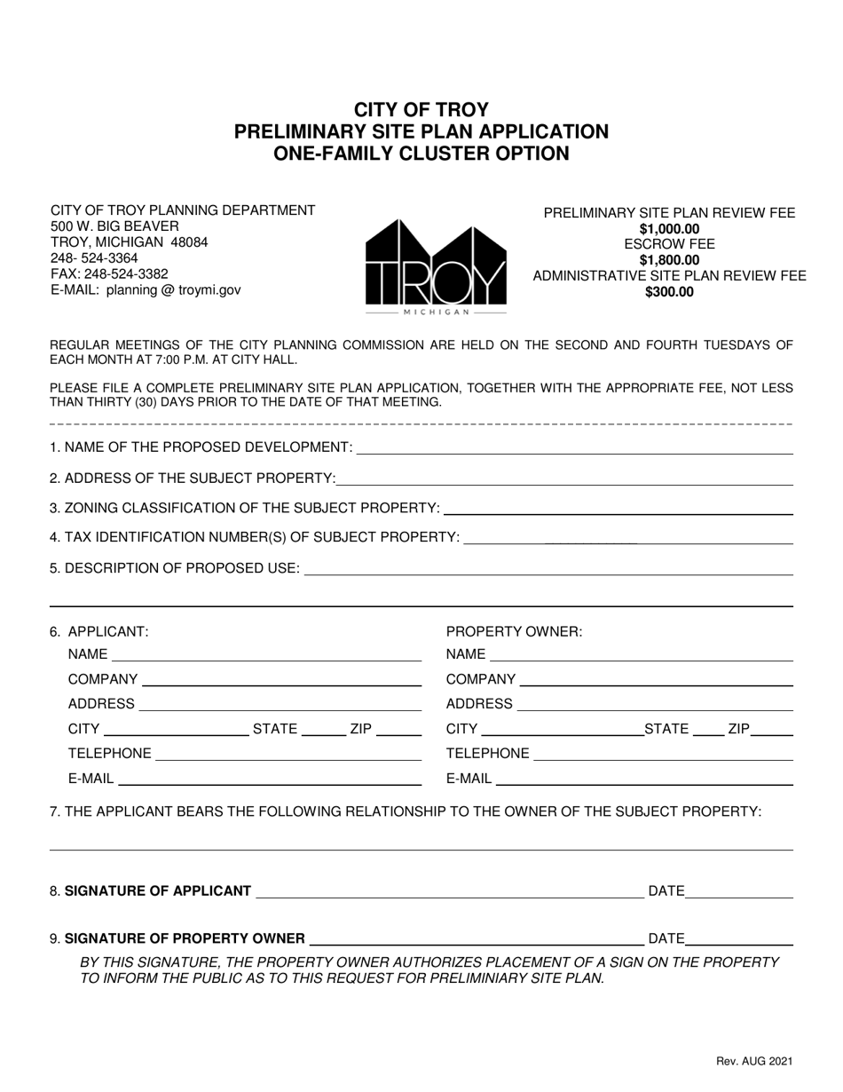 Preliminary Site Plan Application - One-Family Cluster Option - City of Troy, Michigan, Page 1