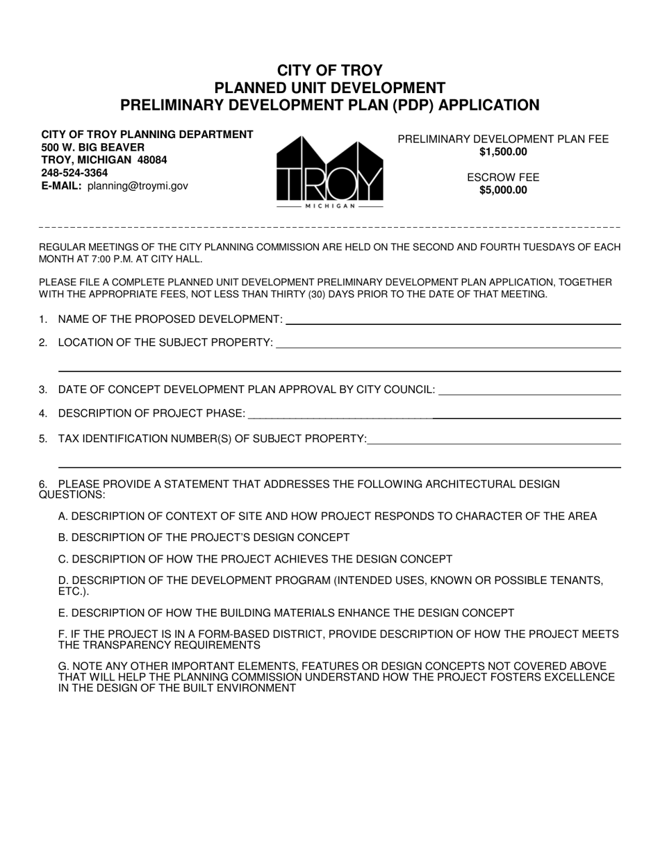 Planned Unit Development Preliminary Development Plan (Pdp) Application - City of Troy, Michigan, Page 1