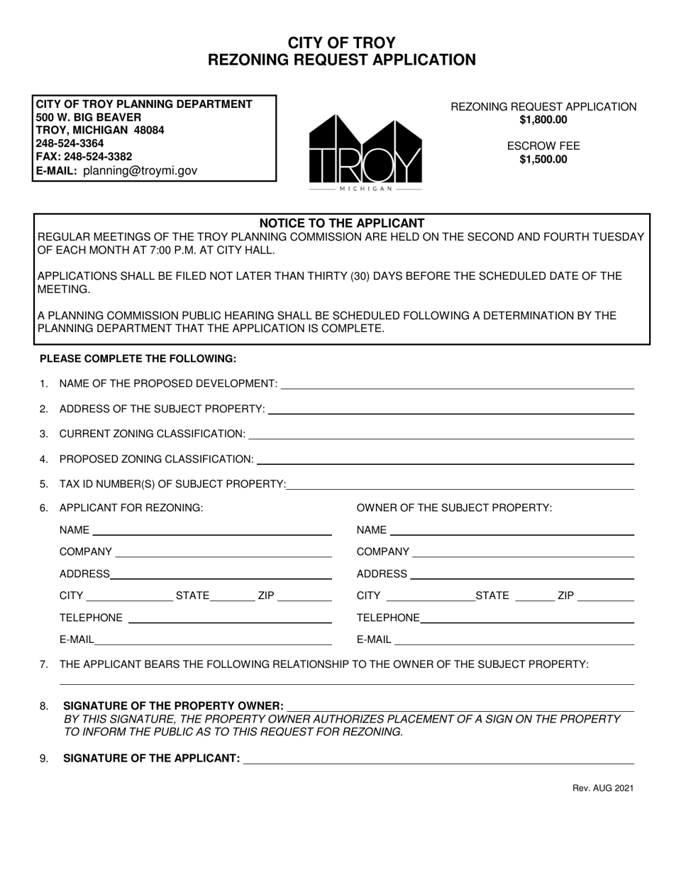 City of Troy, Michigan Rezoning Request Application - Fill Out, Sign ...
