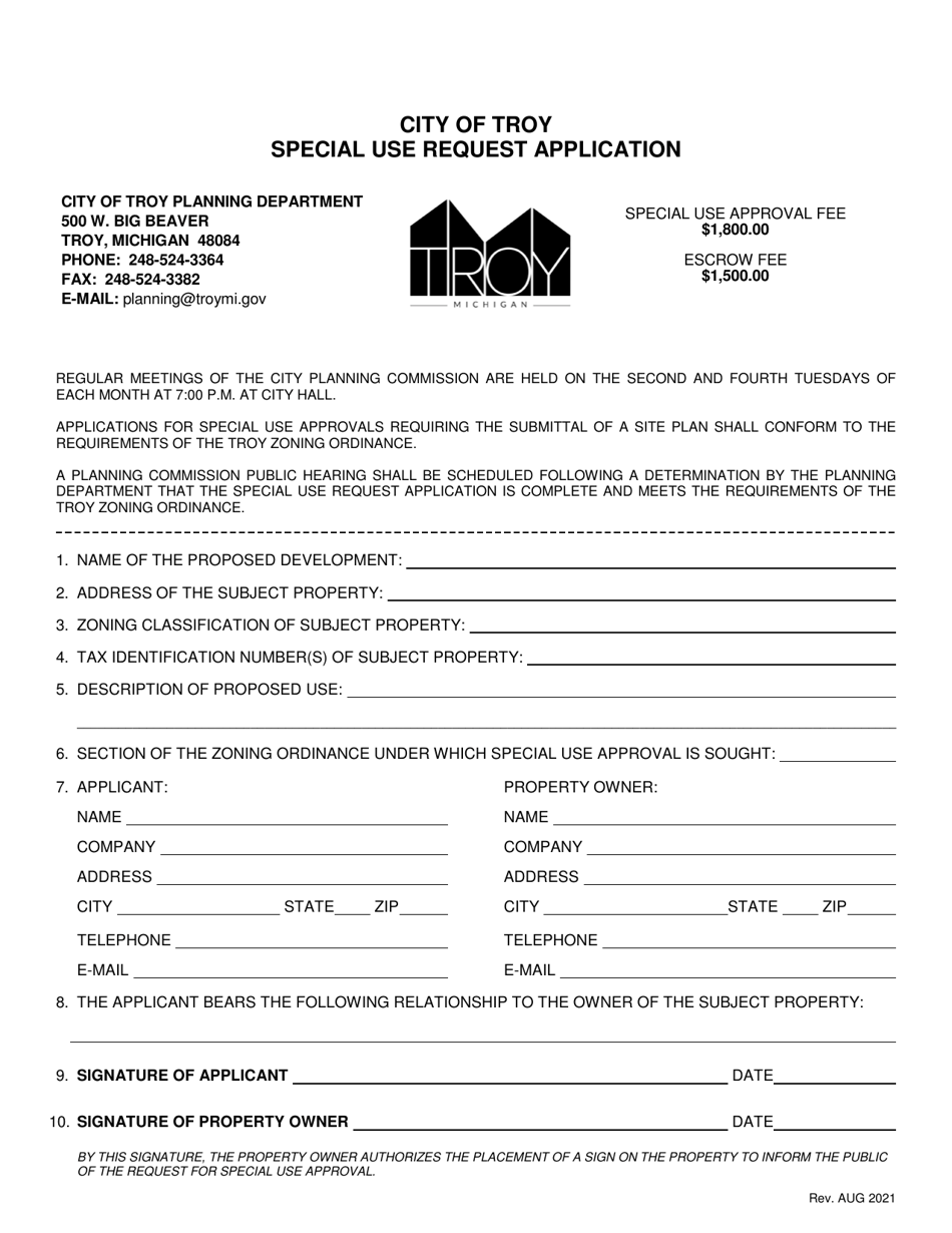 City of Troy, Michigan Special Use Request Application Download
