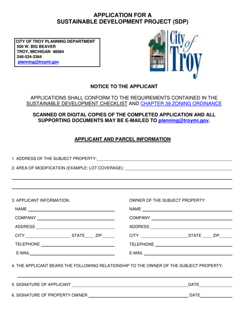 Application for a Sustainable Development Project (Sdp) - City of Troy, Michigan Download Pdf