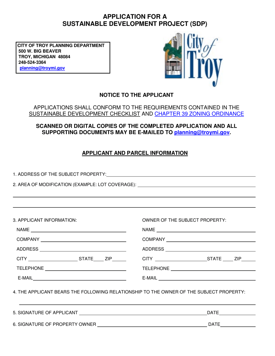 Application for a Sustainable Development Project (Sdp) - City of Troy, Michigan, Page 1
