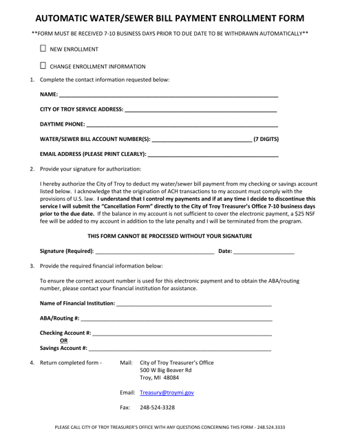 Automatic Water/Sewer Bill Payment Enrollment Form - City of Troy, Michigan