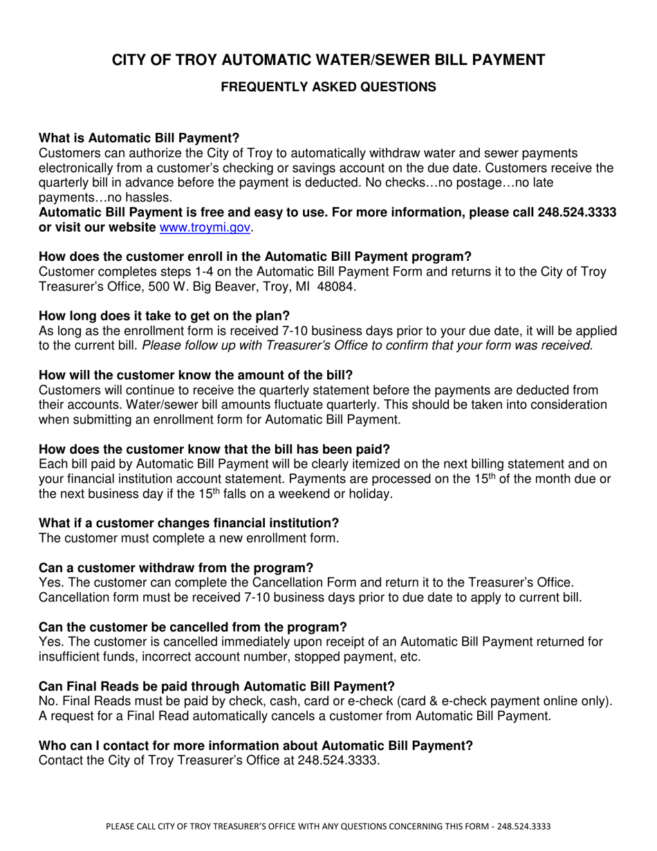 Automatic Water / Sewer Bill Payment Enrollment Form - City of Troy, Michigan, Page 2