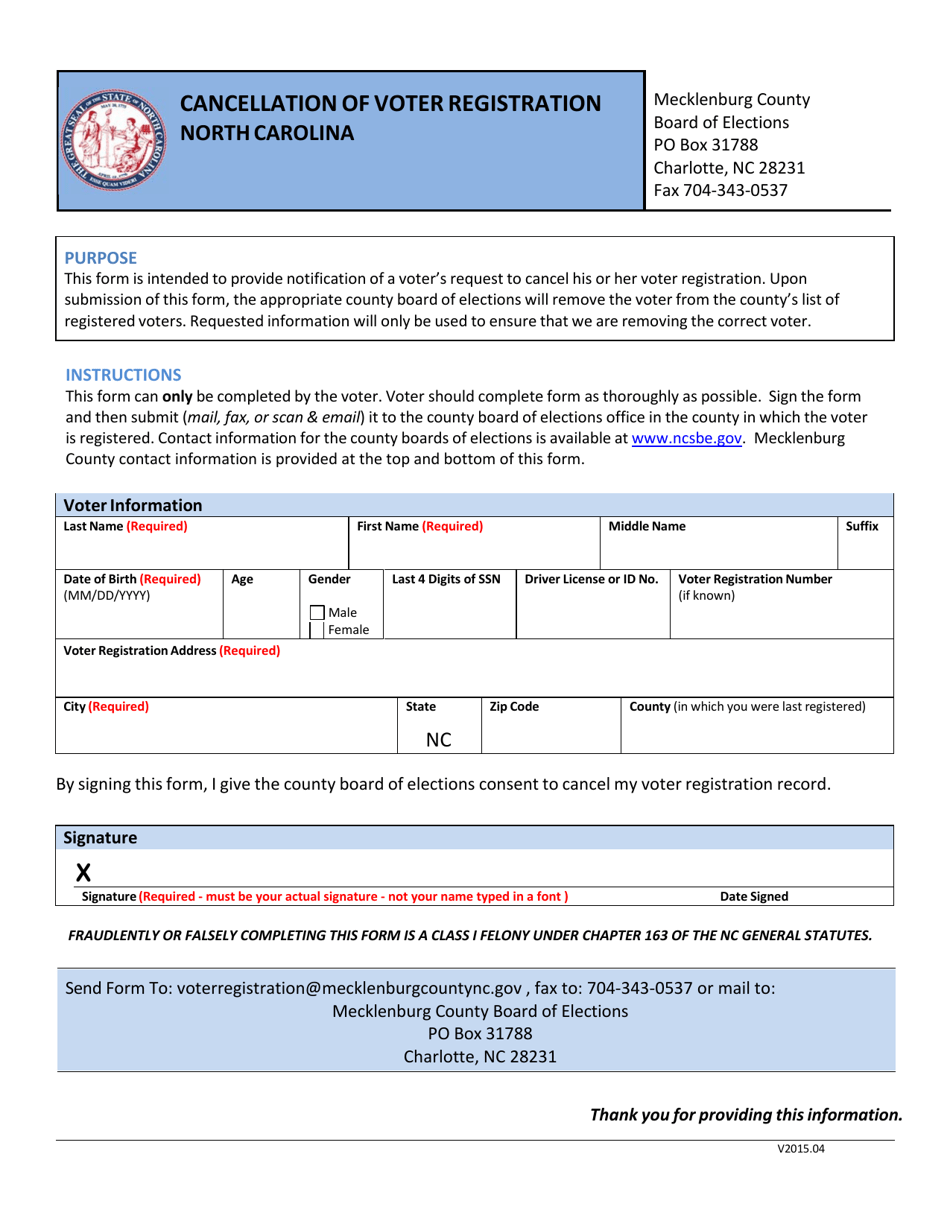 Cancellation of Voter Registration - Mecklenburg County, North Carolina, Page 1